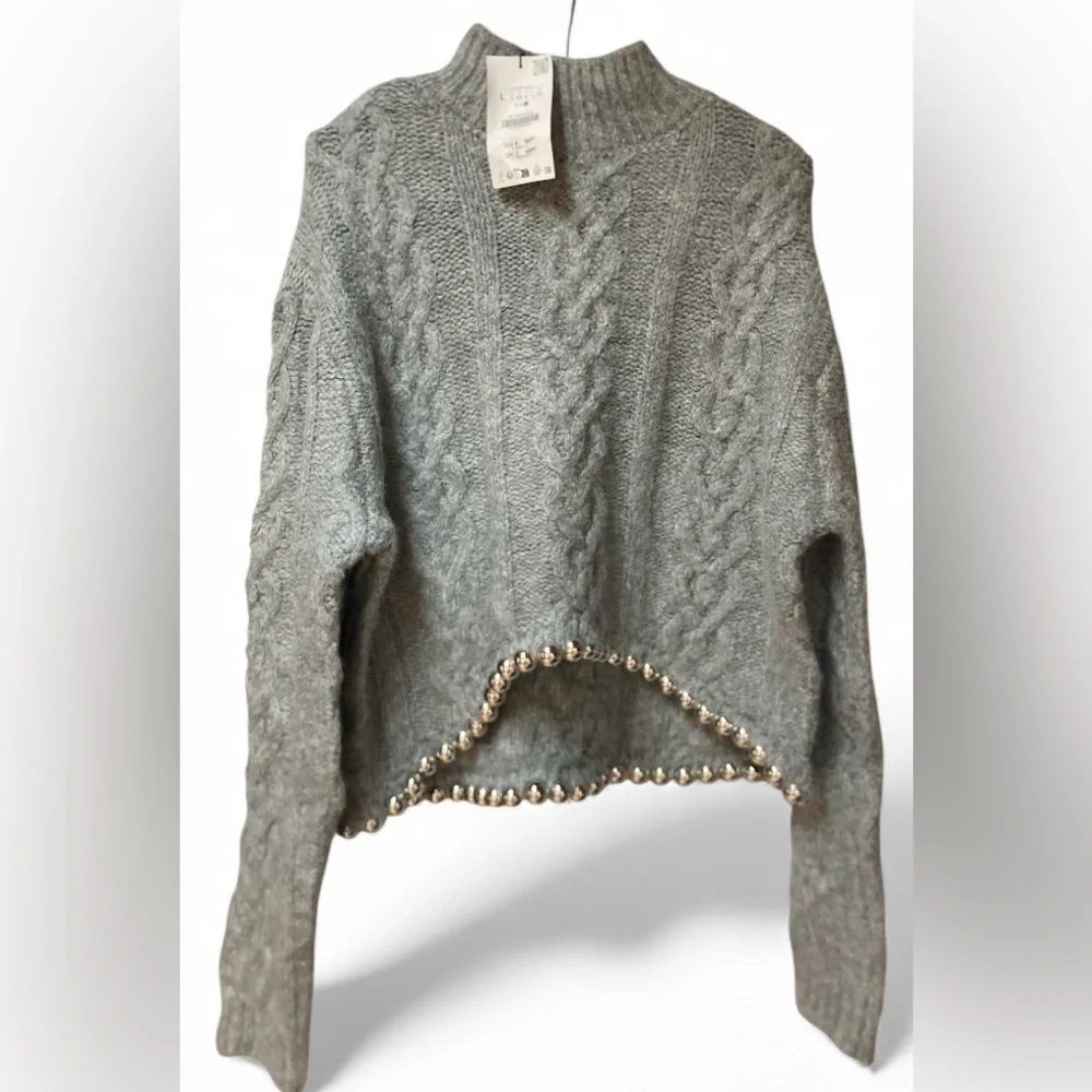 Zara Grey Cable‎ Knit Mock Neck Sweater Beaded Hem NWT Size Large - Picture 2 of 12